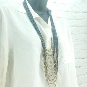 Womens Fashion Jewelry Figaro Multi Strand Dark Blue And Gold Beaded Necklace